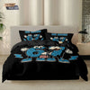 A set of three funny printed duvet covers featuring a blue brick character design for a bedroom