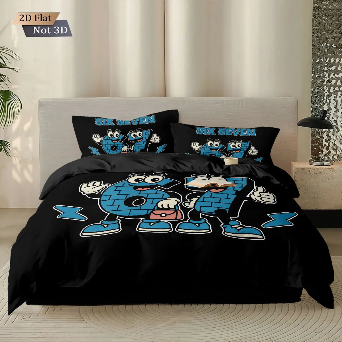 A set of three funny printed duvet covers featuring a blue brick character design for a bedroom