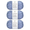 A set of light blue cotton grass roving yarn bundles with white labels.