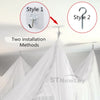 Two installation methods for a large four-door mosquito net, showing different hanging styles.