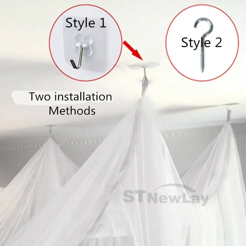 Two installation methods for a large four-door mosquito net, showing different hanging styles.