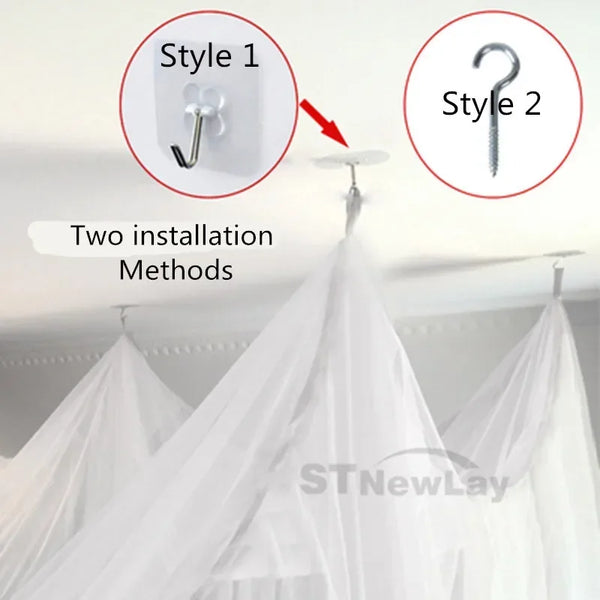 Two installation methods for a large four-door mosquito net, showing different hanging styles.