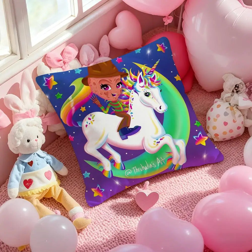 A purple square pillow cover featuring a unicorn and a wizard character on a pink background surrounded by balloons and plush