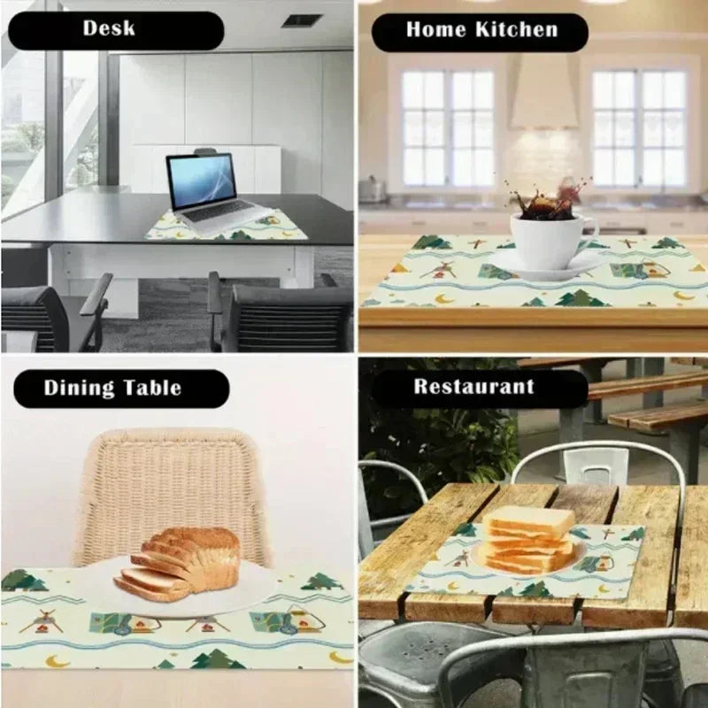 A collection of minimalist geometric table runner placemats featuring various patterns and colors.