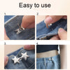 Four steps demonstrating how to use adjustable button clips for waist tightening on denim fabric.