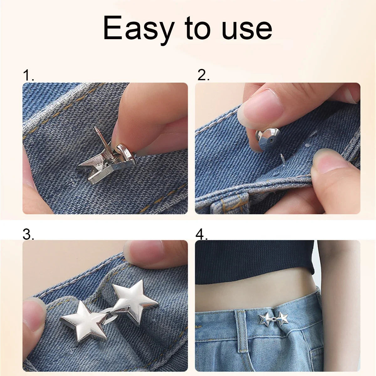 Four steps demonstrating how to use adjustable button clips for waist tightening on denim fabric.