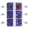 A clear plastic container holds various sizes and colors of glass rhinestones categorized by SS6, SS10, and SS20.