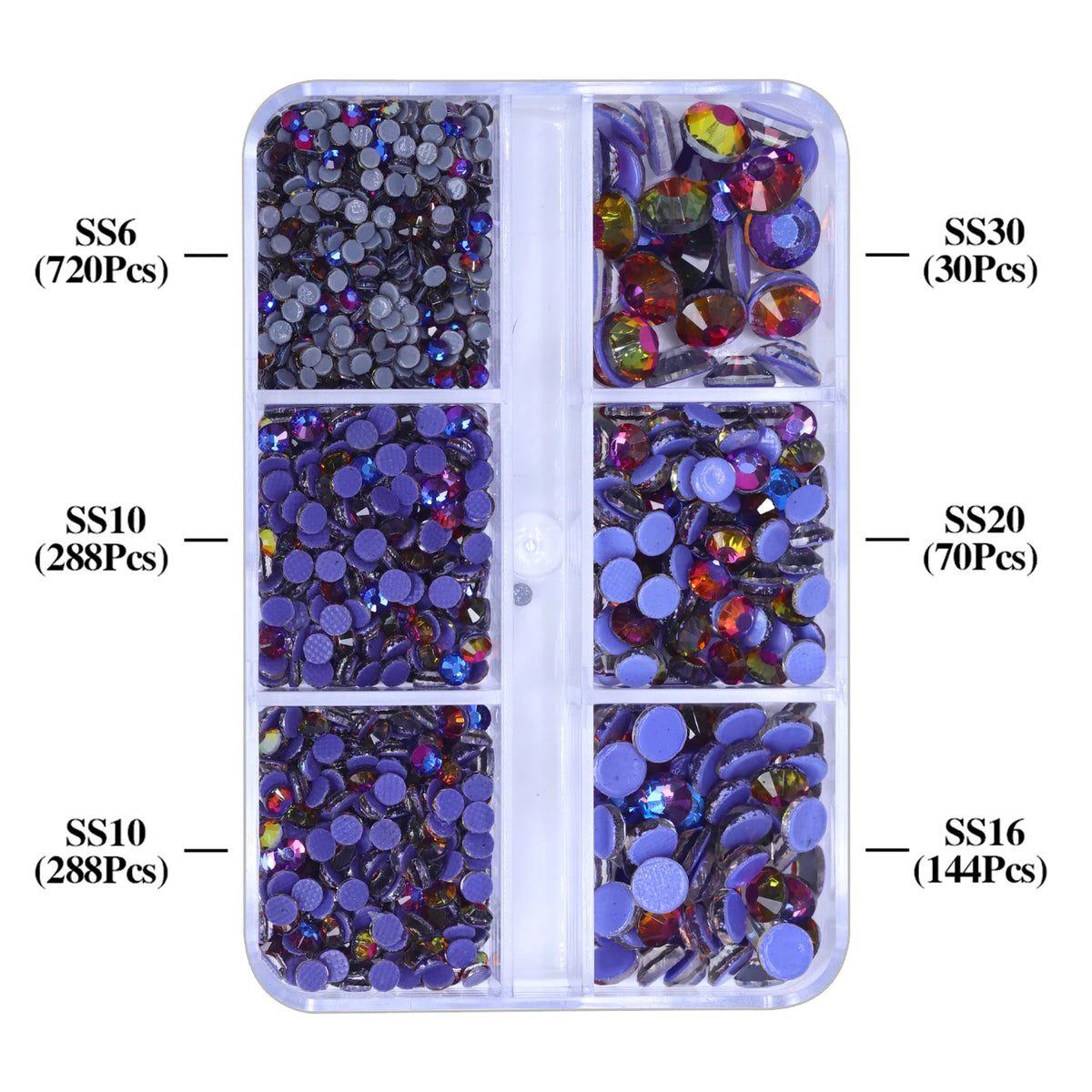 A clear plastic container holds various sizes and colors of glass rhinestones categorized by SS6, SS10, and SS20.