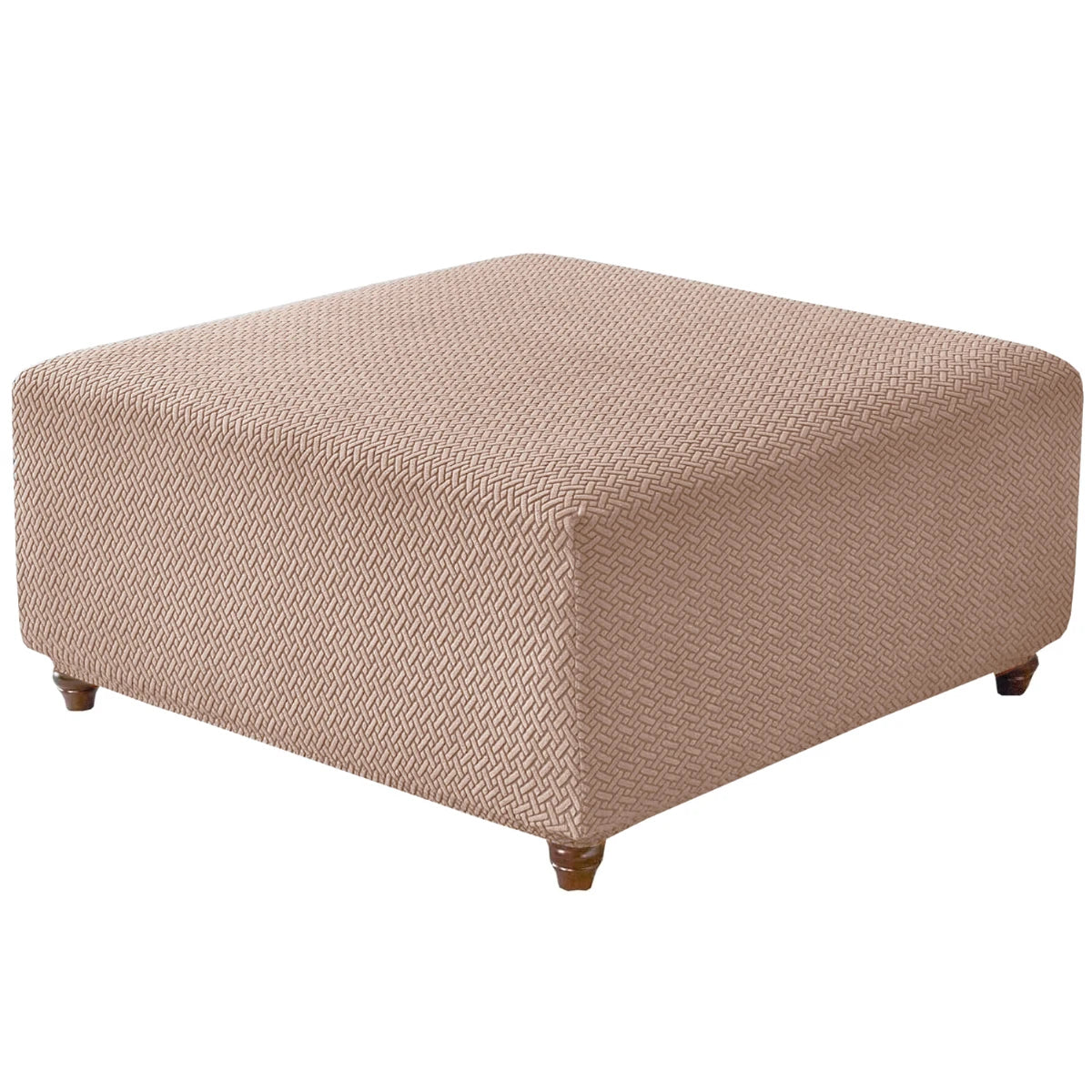 A square ottoman covered in a beige stretch jacquard fabric with a textured weave.