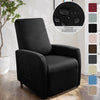 A black milk silk stretch sofa cover set for accent chairs displayed in a modern room.