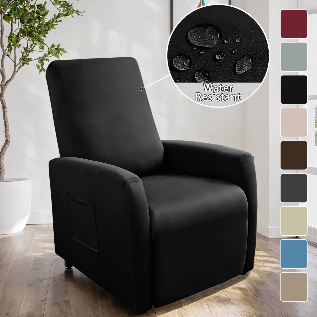 A black milk silk stretch sofa cover set for accent chairs displayed in a modern room.