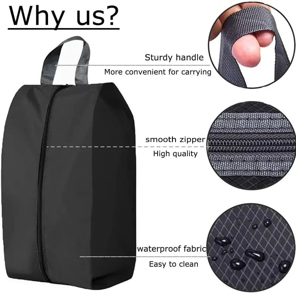 Black durable foldable shoe and travel organizer bag showing features like a sturdy handle, smooth zipper, waterproof fabric,