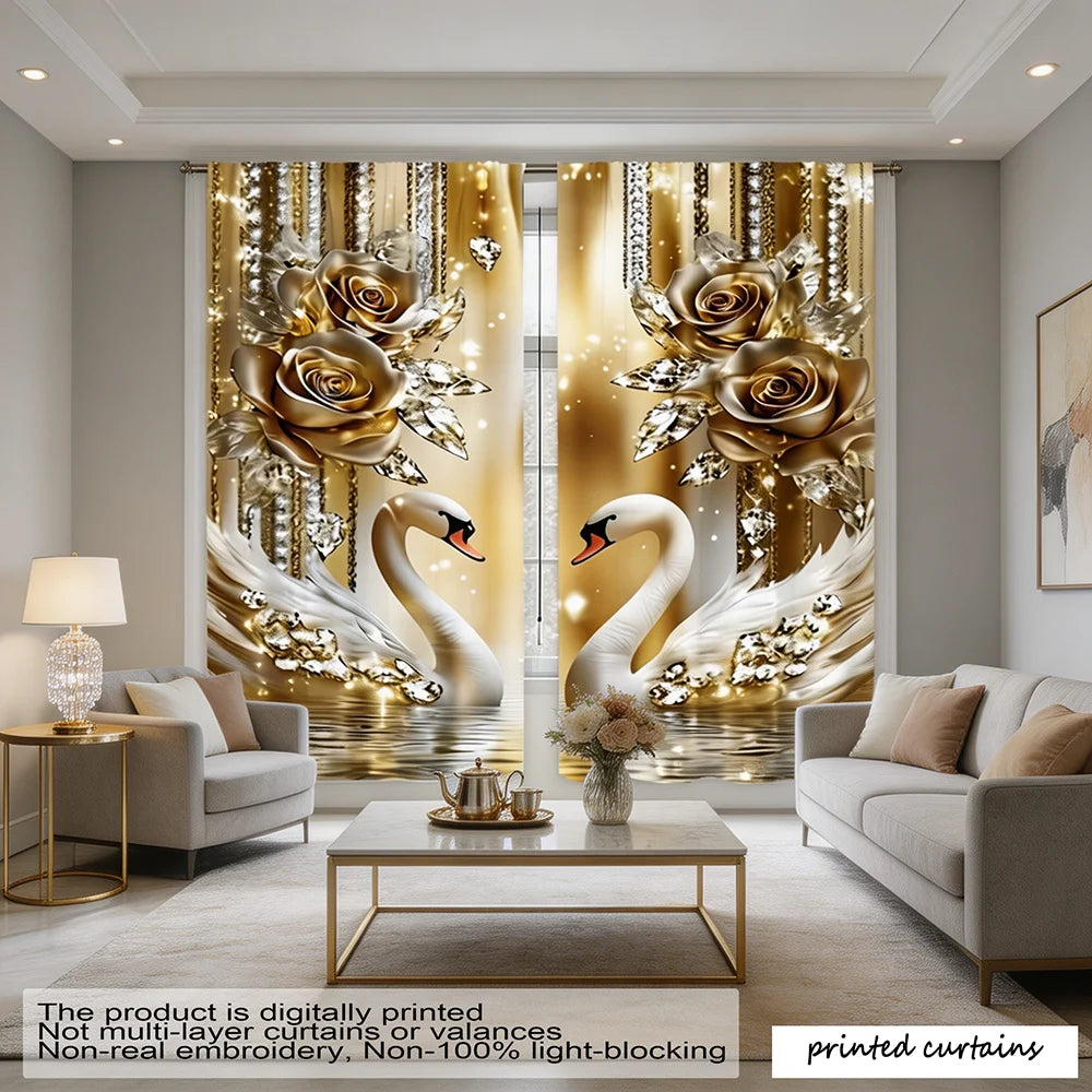 Elegant champagne gold and white swan curtains with floral accents set of two shown in a bright room.