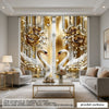 Elegant champagne gold and white swan curtains with floral accents set of two shown in a bright room.