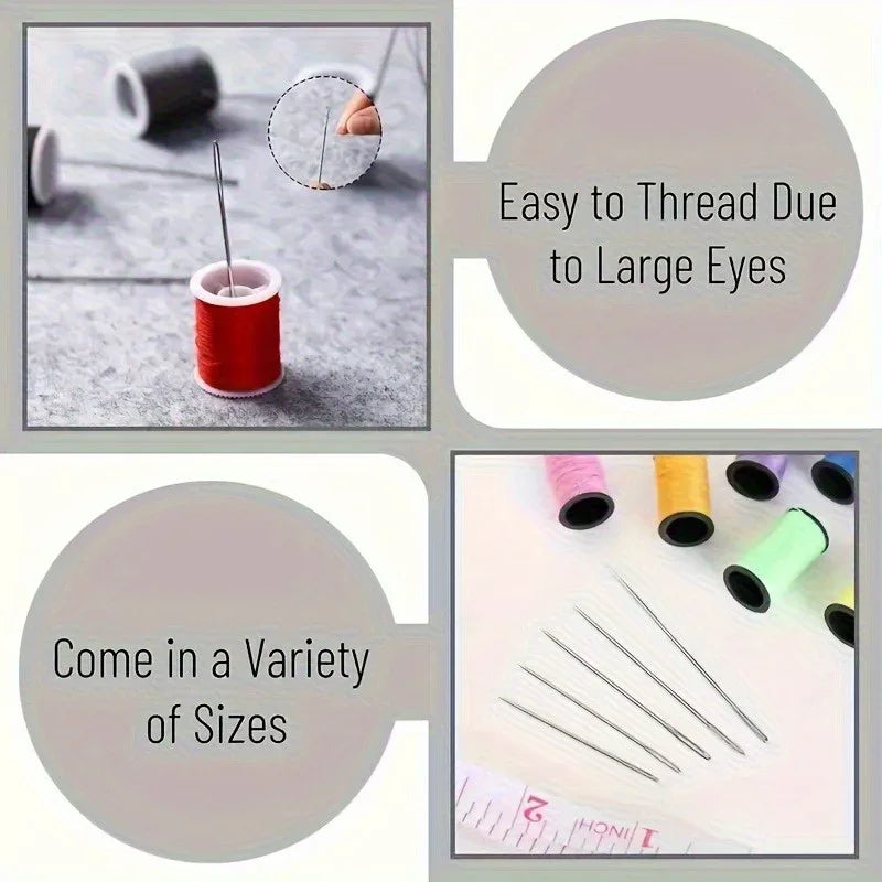 A set of various sewing needles and thread, including a storage box, demonstrating ease of threading and different sizes.