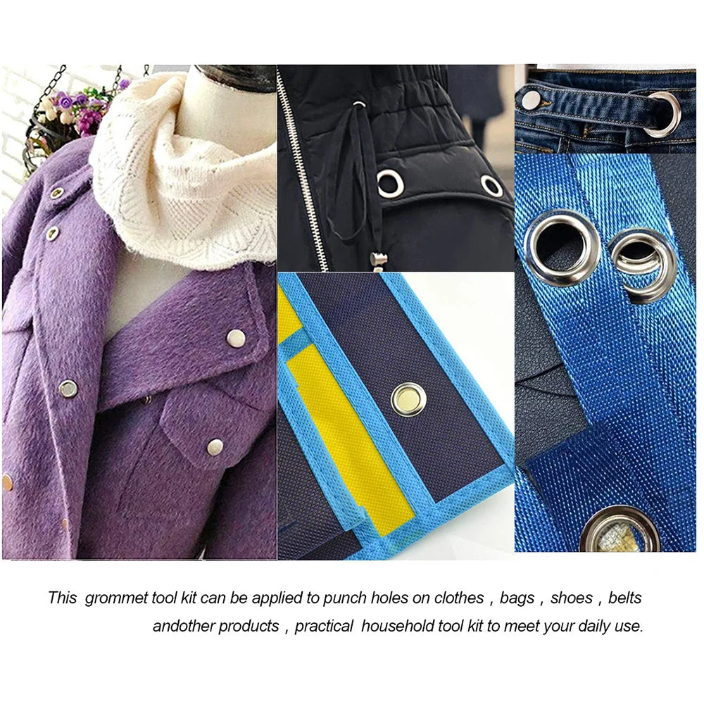 A set of precision eyelet punch and grommet tools shown in various colors and angles.
