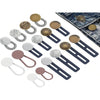 A collection of metal waistbands and extenders in gold and silver tones for clothing adjustments.