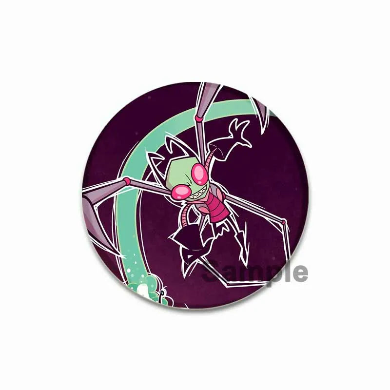 An enamel pin featuring a stylized, pink-skinned alien character with large eyes and sharp appendages against a dark purple b