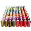 A collection of high tenacity machine embroidery thread in various colors arranged in a row.