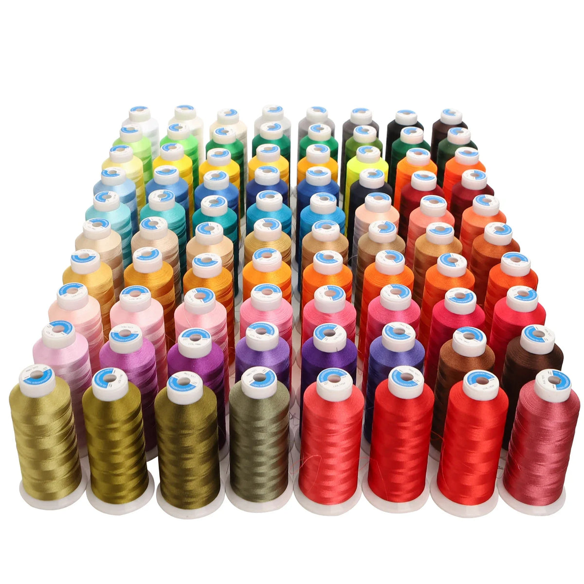 A collection of high tenacity machine embroidery thread in various colors arranged in a row.