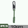 A black detachable zipper pull slider attached to a green cord.