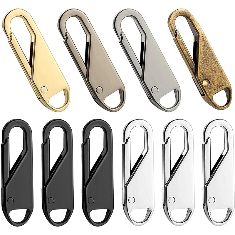 A set of universal zipper repair kits featuring various metal sliders and openers in gold, silver, and black finishes.