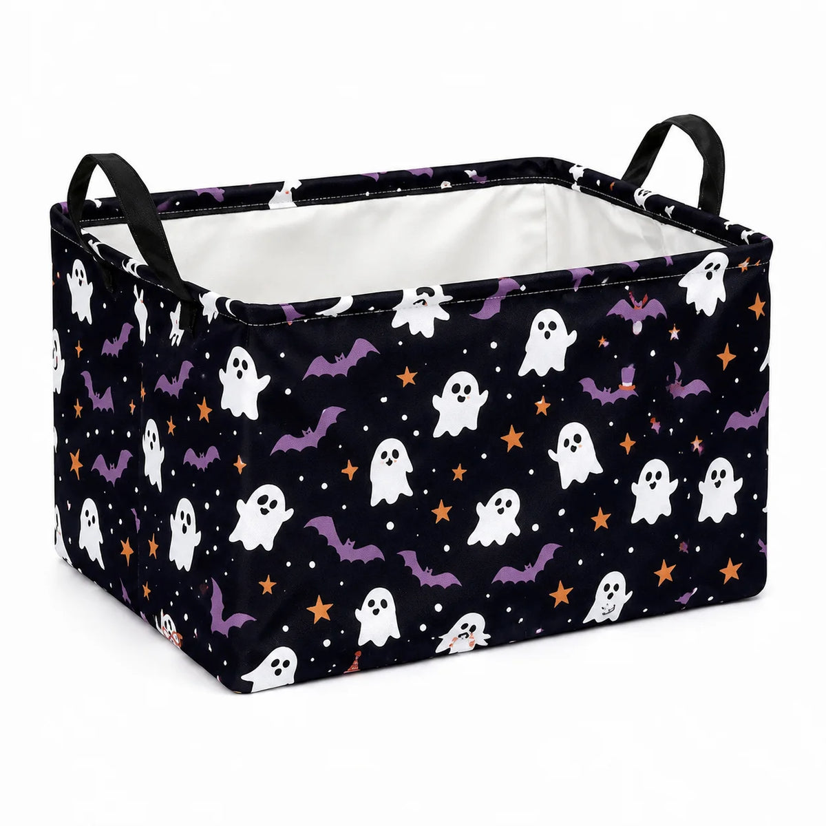 A black fabric storage basket with white and purple ghost and bat patterns, featuring handles.