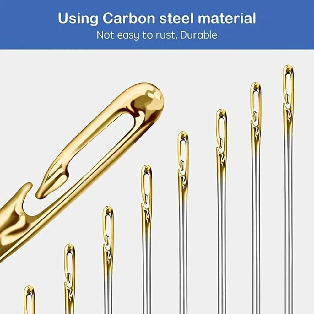 A collection of gold and silver stainless steel sewing needles shown in various sizes.