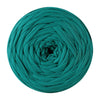 A ball of teal green soft T-shirt yarn for crochet