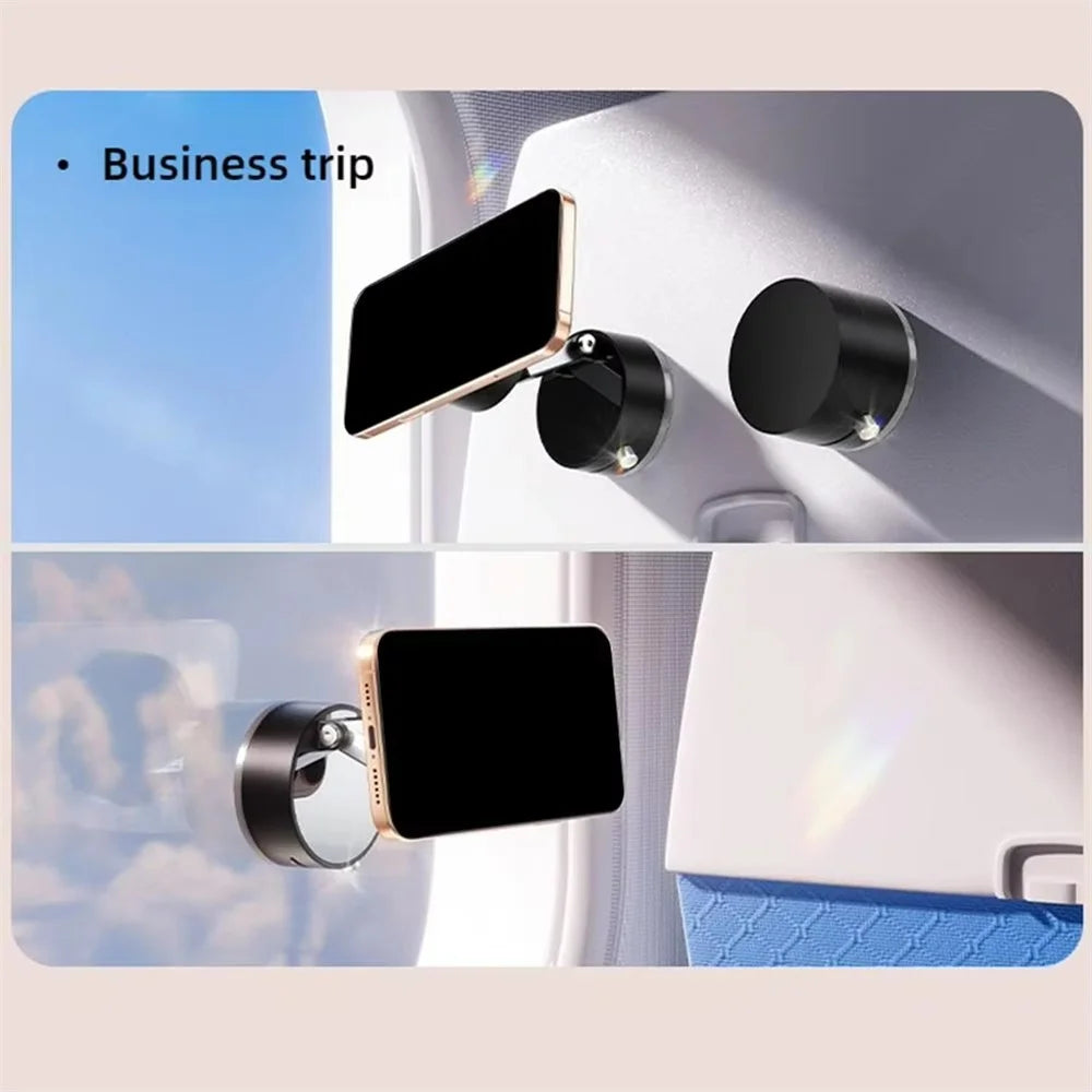 A foldable magnetic phone stand is shown in use, attaching to a surface with a vacuum suction base.