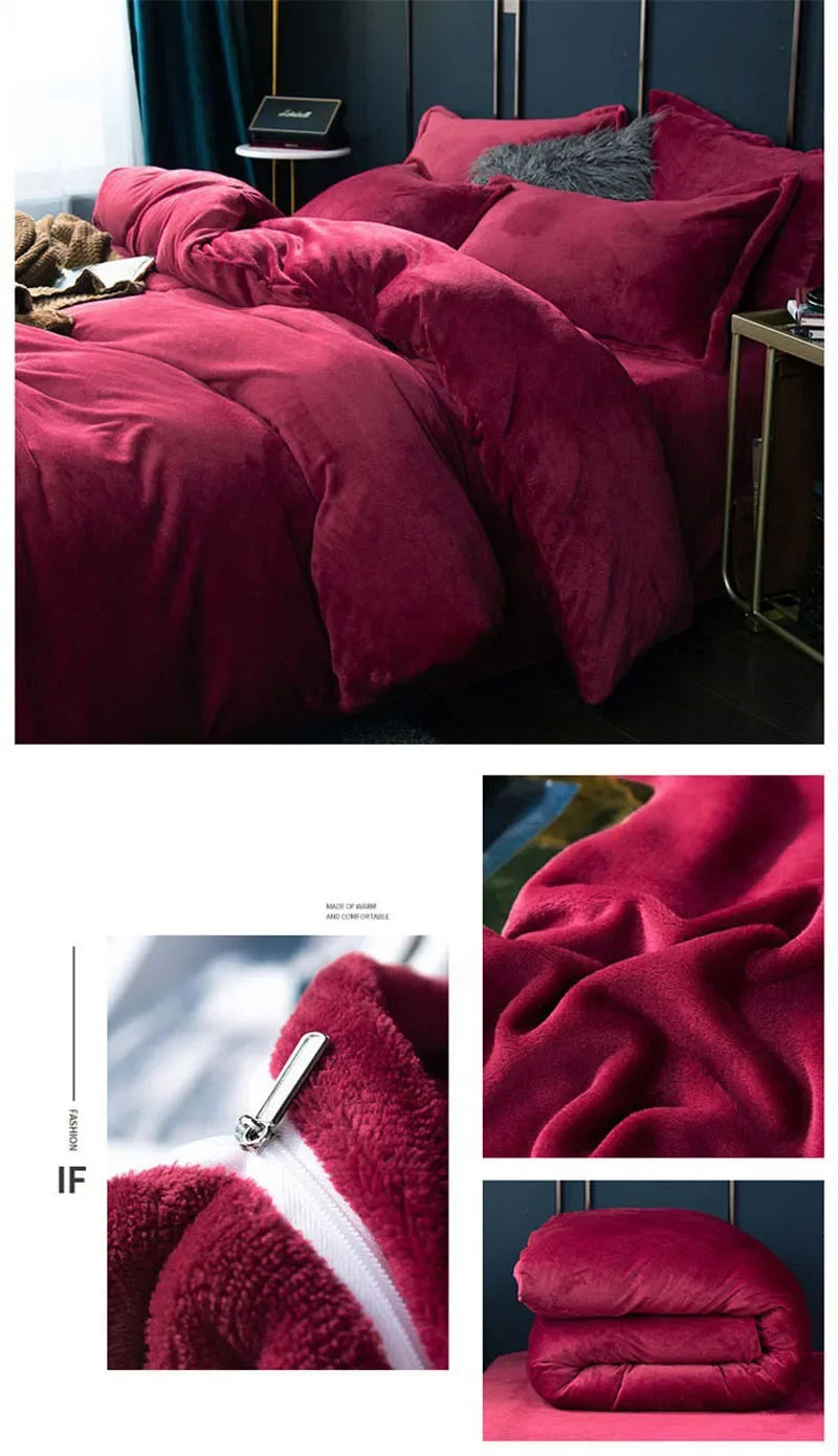 A deep burgundy luxurious flannel duvet cover set displayed on a bed.