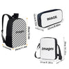 A set of a black and gray striped backpack and a white shoulder bag with matching dimensions shown.