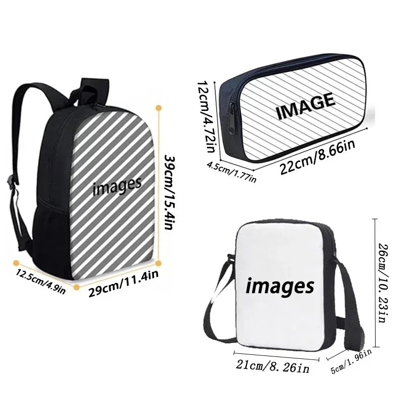 A set of a black and gray striped backpack and a white shoulder bag with matching dimensions shown.