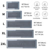 A set of diatom mud floor mats in various sizes S, M, L, XL, and 2XL, showing dimensions for each size.