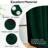 Close-up view of dark green blackout curtains showing features like grommet top design, trimmed edges, and silky soft touch f