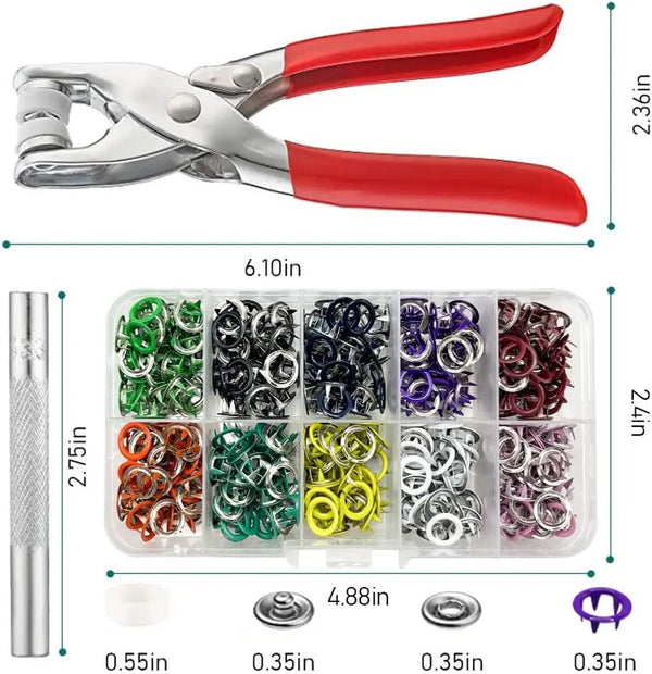 A pair of silver and red metal pliers and a plastic kit containing various metal snap buttons and fasteners.