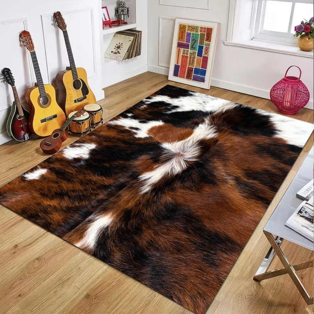 A rectangular faux cowhide pattern area rug featuring brown and white patches placed on a light wood floor.