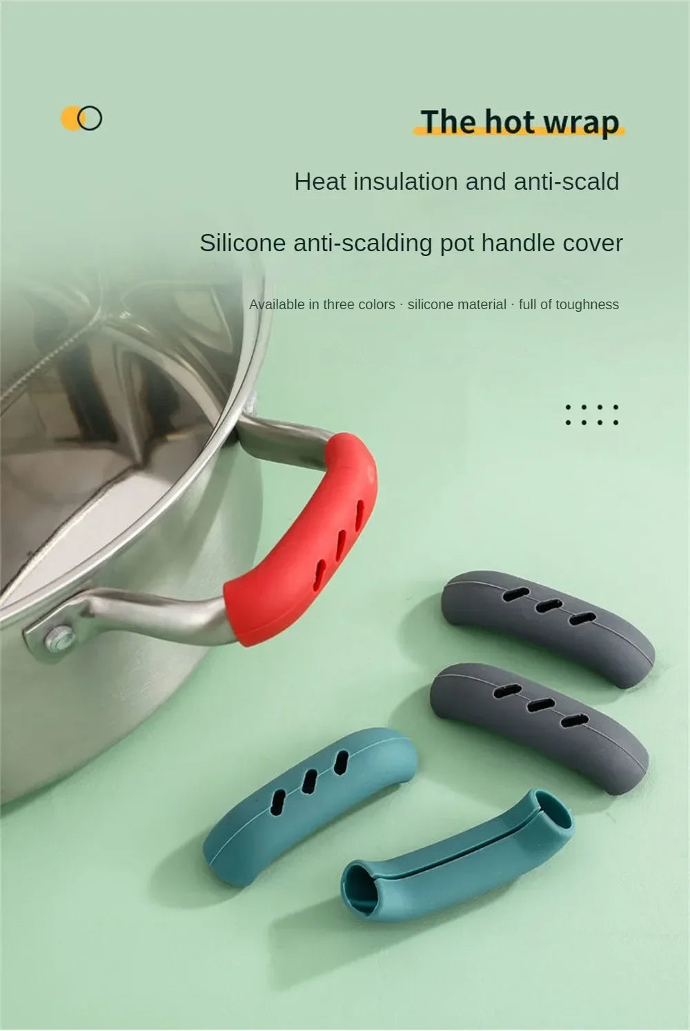 A silicone anti-scald pot handle cover in red is shown protecting a metal pot handle.