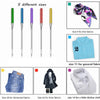 A set of five different sized precision sewing machine anti-jump needles shown alongside various fabrics and clothing items.