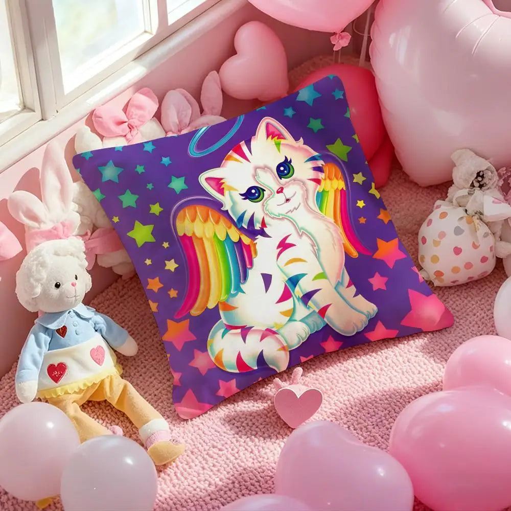 A square pillow cover featuring a colorful cat design with rainbow accents and stars, displayed among pink balloons.