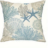 Decorative pillow cover featuring a pattern of blue-green coral and starfish on a light background.