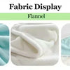 Close-up display of light blue and white flannel fabric with floral print patterns.
