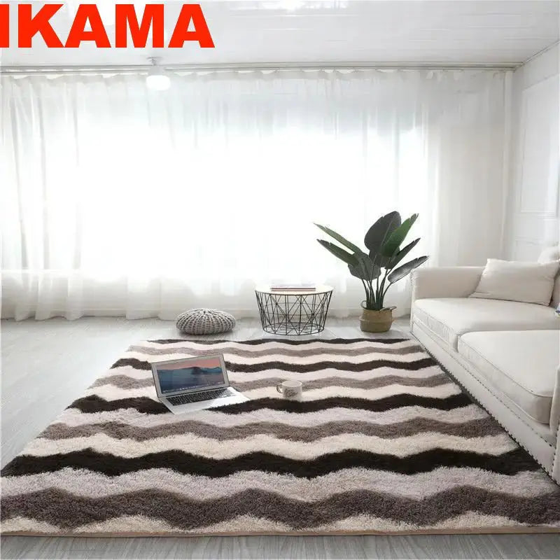 Geometric plush area rug with brown and beige stripes in a living room setting