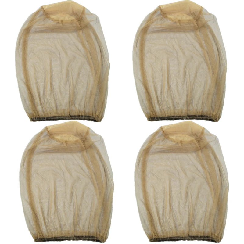 Two views of a multi-pack adjustable mosquito protection fishing hat in beige mesh fabric.
