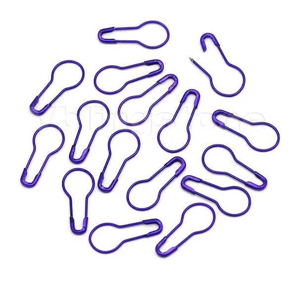 A collection of purple gourd-shaped locking safety pins for knitting and sewing.