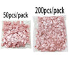 Packaged pink satin ribbon bows for crafts and decor, available in 50 or 200 piece quantities.