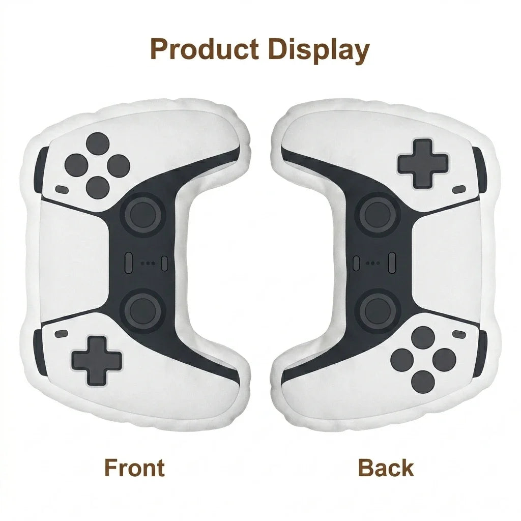 Front and back views of a white gamer controller plush throw pillow