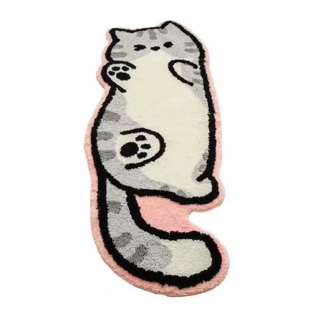 A gray and white cartoon cat plush rug with pink accents.