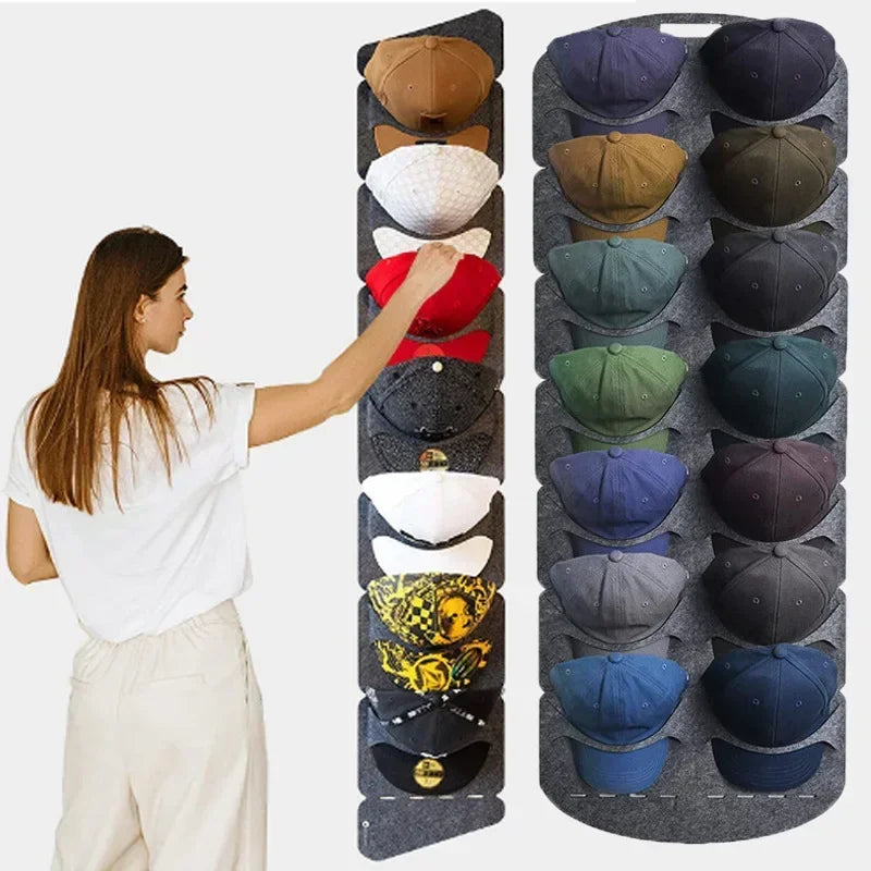 A felt hat storage rack with wall mount and hanging organizer is shown next to a woman.