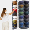 A felt hat storage rack with wall mount and hanging organizer is shown next to a woman.